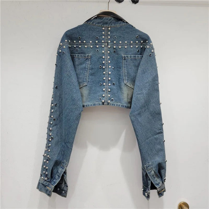 Metal Rivet Washed Denim Short Jacket