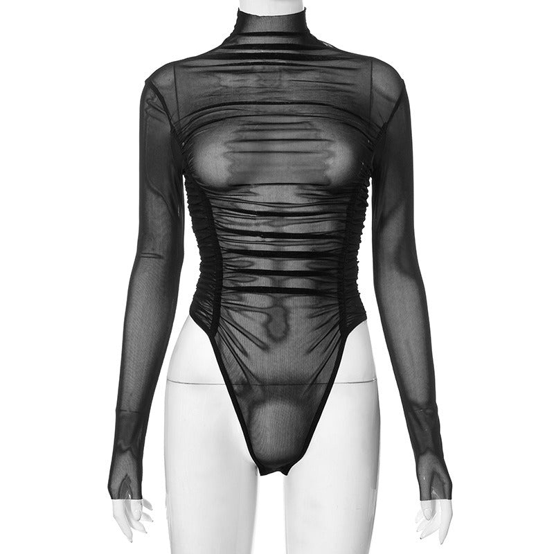 Solid Pleated Underwear Mesh Tight Jumpsuit