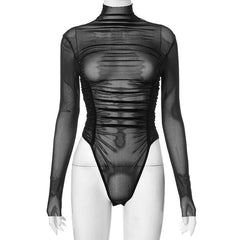 Solid Pleated Underwear Mesh Tight Jumpsuit