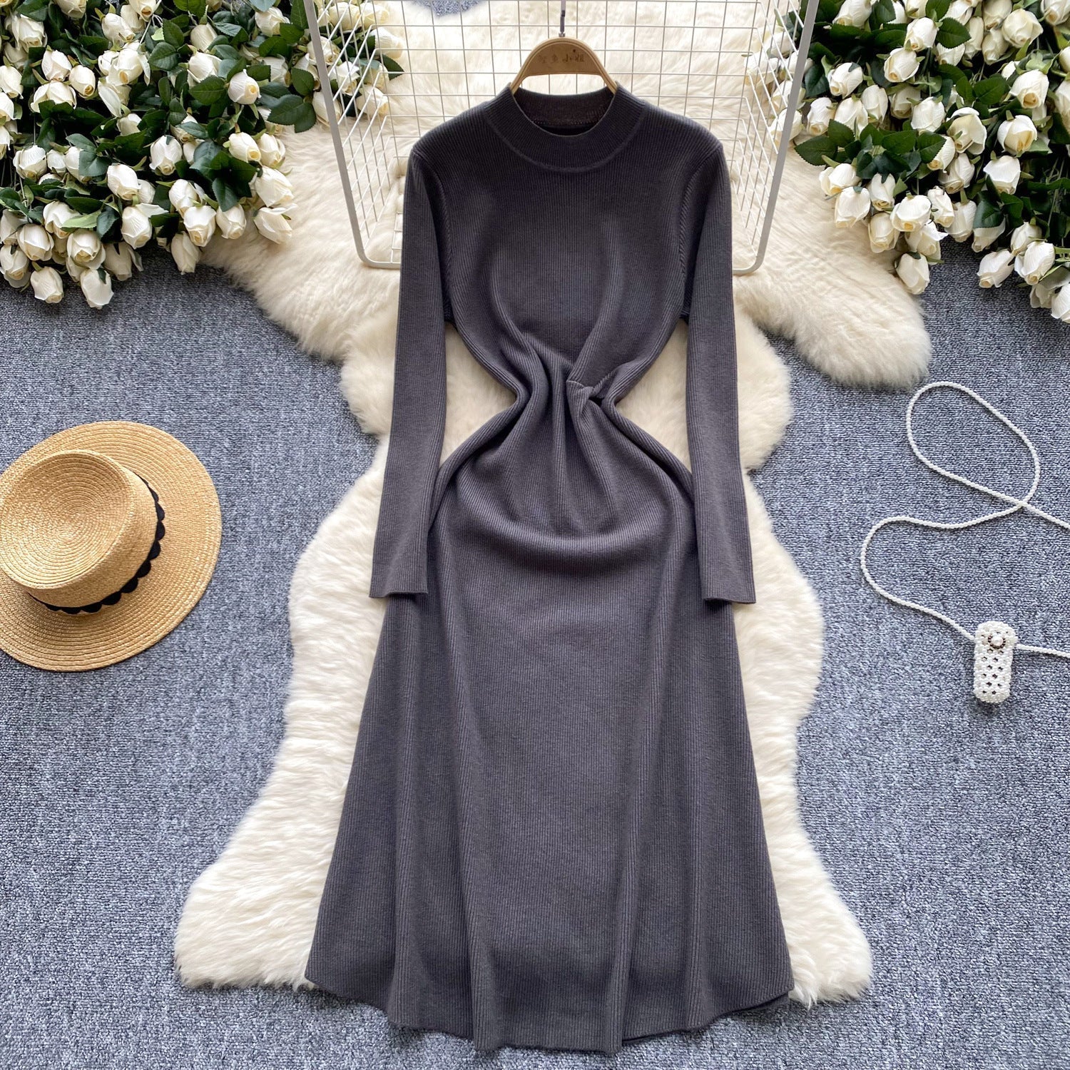 Woolen Waist Cinching Long Sleeved Knitted Dress