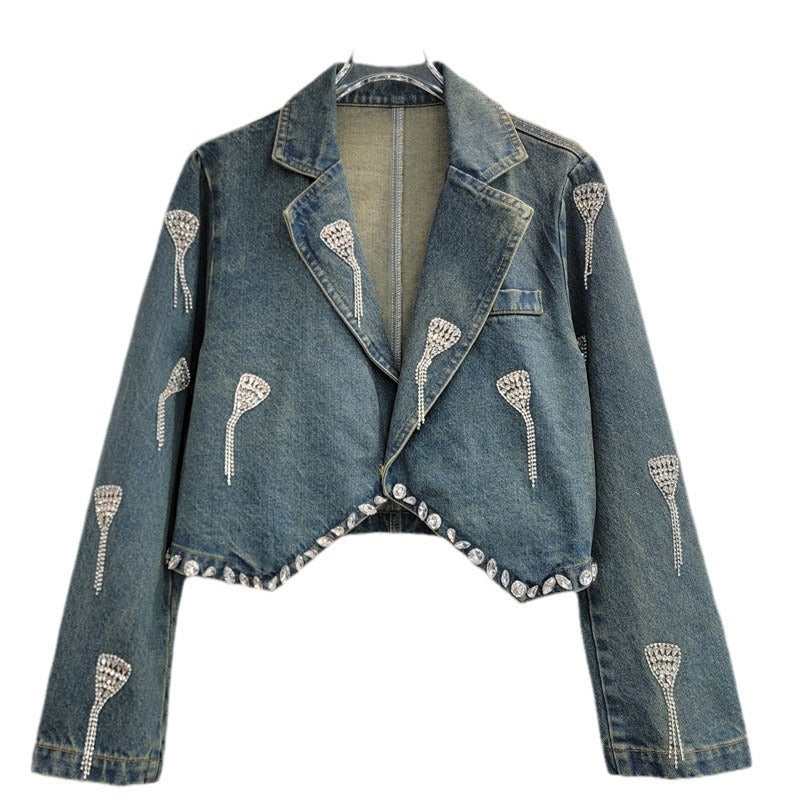 Embroidered Diamond Tassel Short Denim Jacket