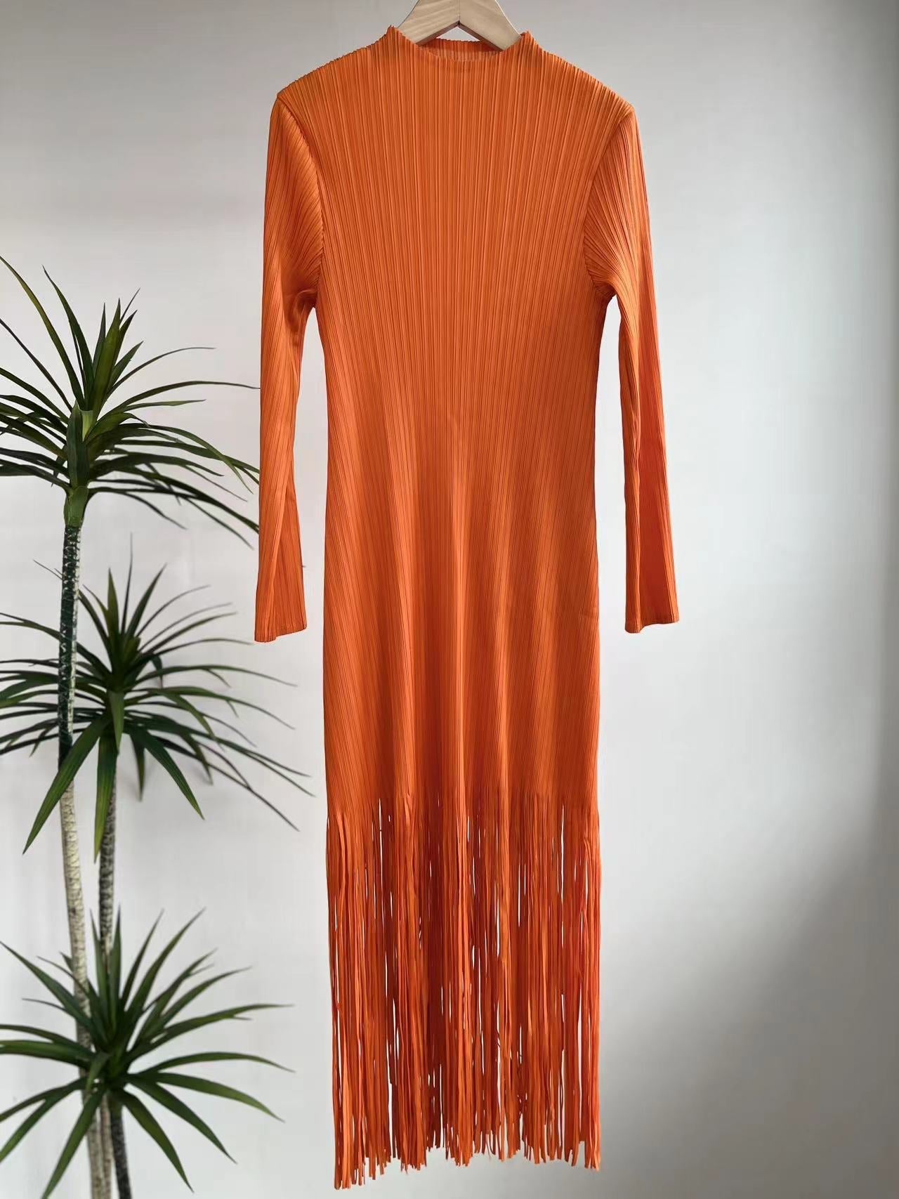 Orange Tassel Pleated Dress