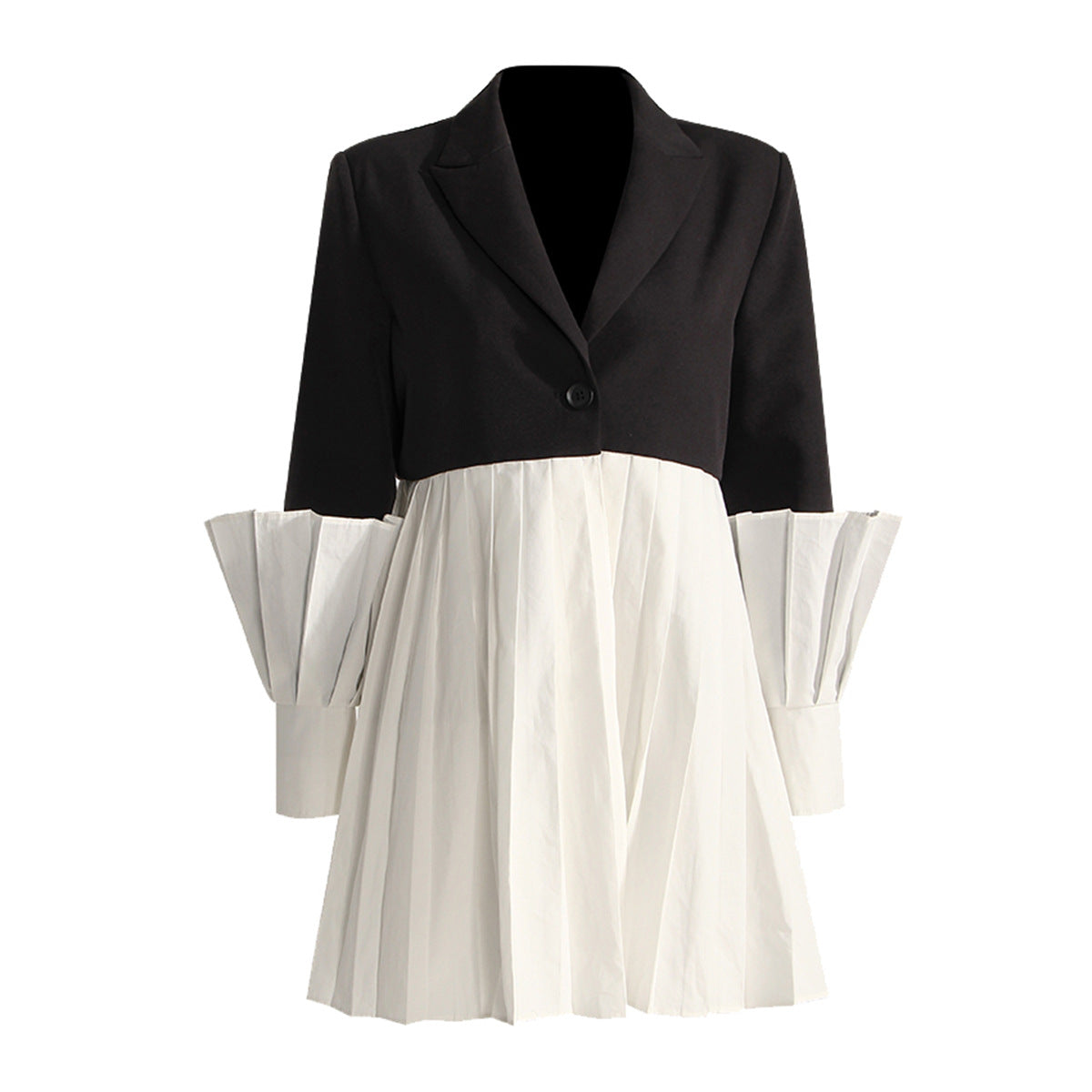 Lantern Sleeved Pleated Contrast Mini Coat Dress