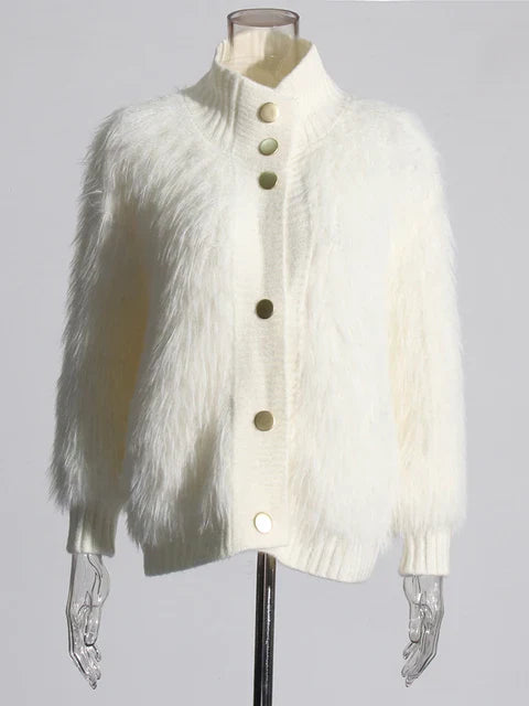 Furry Stand Collar Knit Jacket