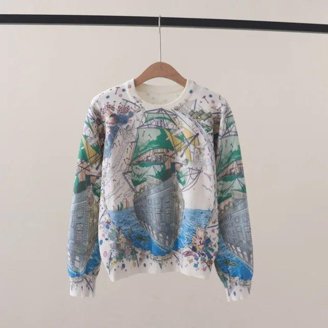 Art Print Sailboat Retro Round Neck Knitted Sweater