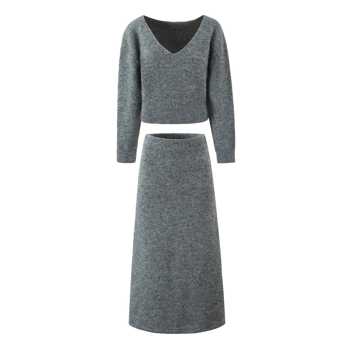 Gray V-Neck Knitted Pullover + Skirt Set