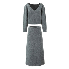 Gray V-Neck Knitted Pullover + Skirt Set