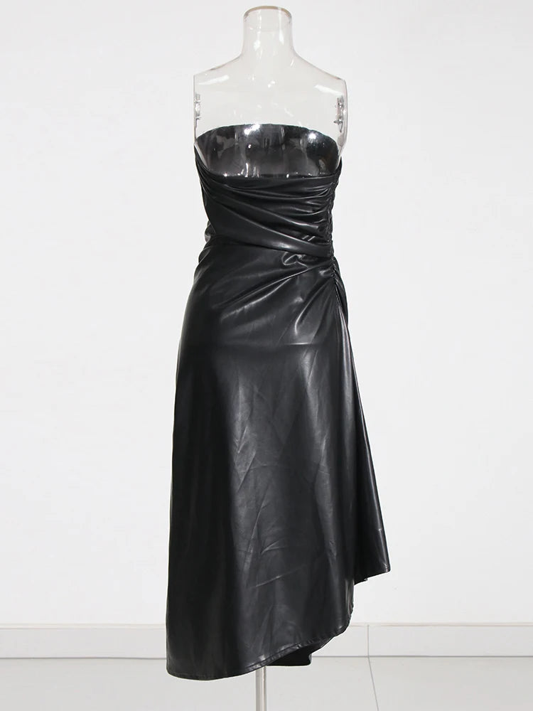 Strapless Ruched Faux Leather Dress