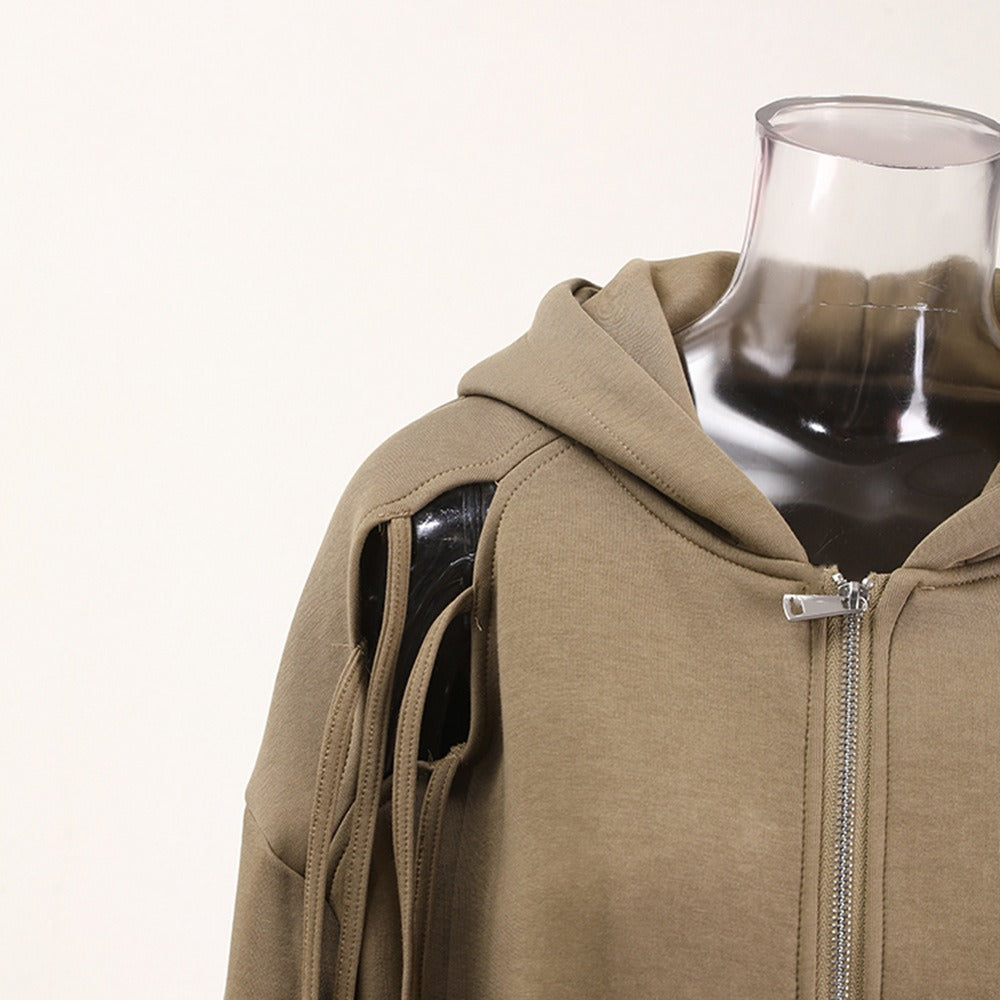 Solid Hollow Strap Hoodie + Hollow Wide Leg Pants