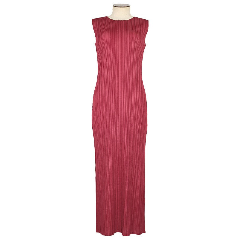 Solid Pleated Sleeveless Midi Dress