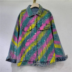 Diamond Inlaid Letter Spray Painted Denim Jacket