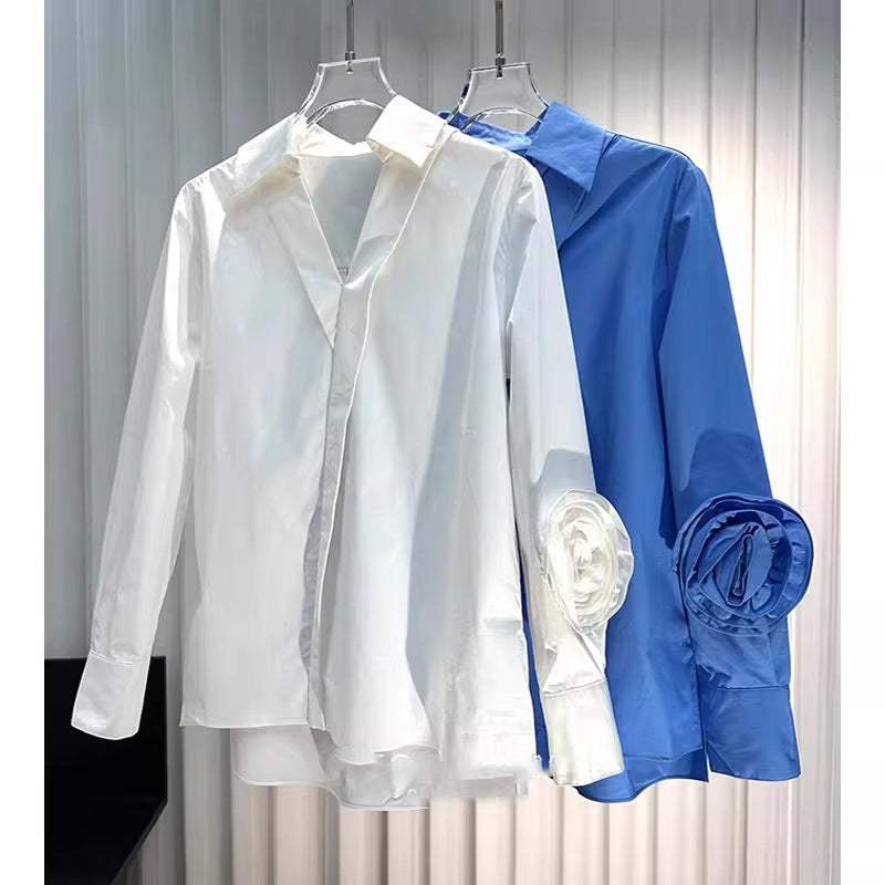 3D Flower Long Sleeve Solid Loose Shirt