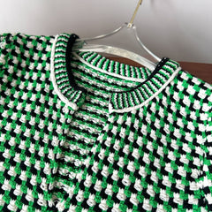 Retro Green Checkered V-Neck Slim Fit Dress