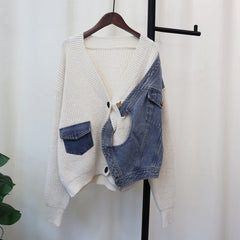 Casual Patchwork Denim Knitted Cardigan