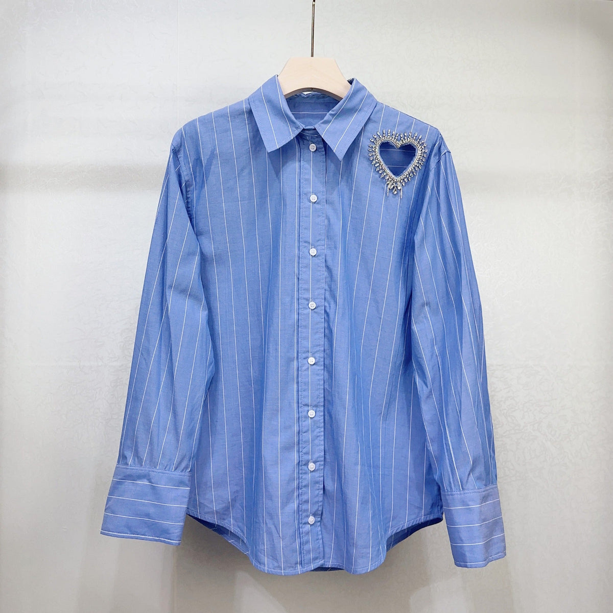 Striped Love Hollow Diamond Long Sleeve Shirt