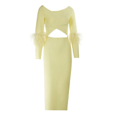 Yellow Long Sleeved Elastic Feather Cuffs Bandage Dress