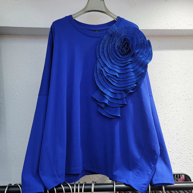 Pleated 3D Flower Loose Casual Round Neck Top