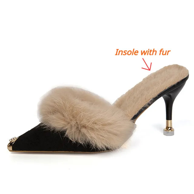 Metal Tip Faux Fur Mules