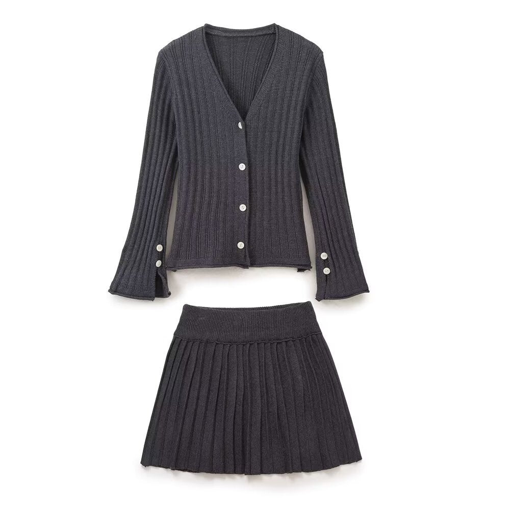 Cuff Slit Pleated Knitted Cardigan + Skirt Set