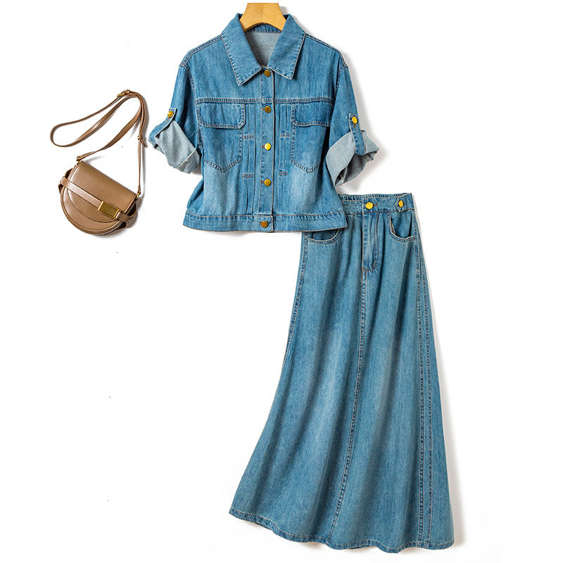 Pocket Single Breasted Denim Shirt + A-Line Denim Skirt Set