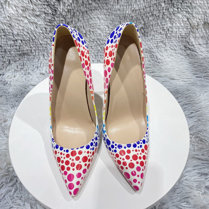 Multicolor Polka-Dots Printed Patent Pointed-Toe Shoes