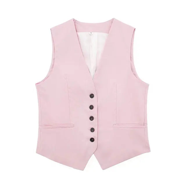 Solid Button Sleeveless Linen Vest + Shorts Set