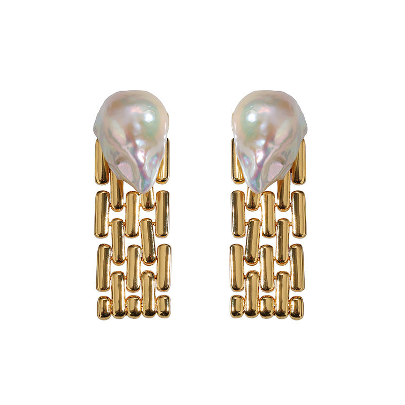 Retro Wide Chain Baroque Pearl Earrings