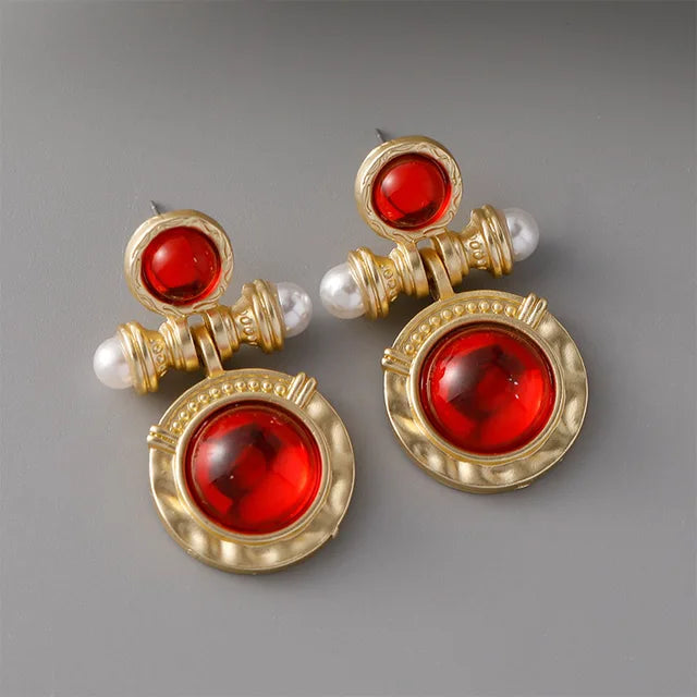 Retro Circle Gemstone Pearl Earrings