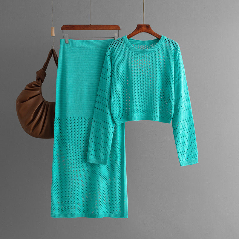 Hollow Knitted Sweater + Knitted Skirt Set