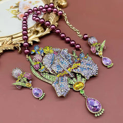 Purple Glass Pearl Luan Flower Necklace + Earrings