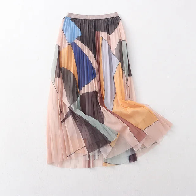 Elegant Printed Pleated Mesh Skirt