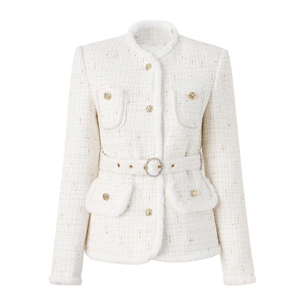 White Woolen Patchwork Belted Jacket