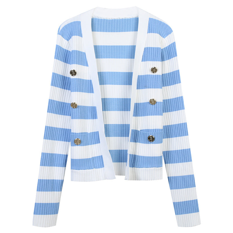 Striped Double Row Metal Button Loose Cardigan