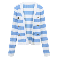 Striped Double Row Metal Button Loose Cardigan