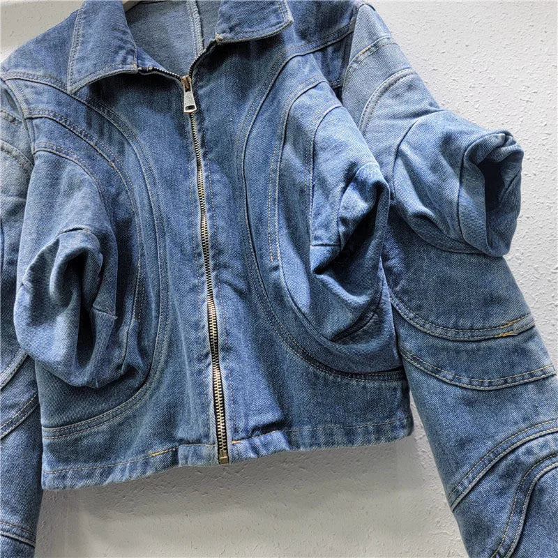 Casual Puff Sleeve Zip Denim Jacket