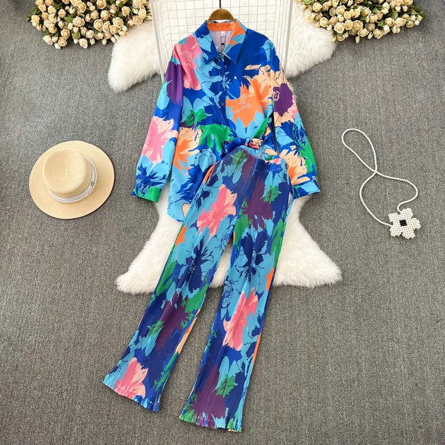 Multicolor Shirt+Pants Pleated Set