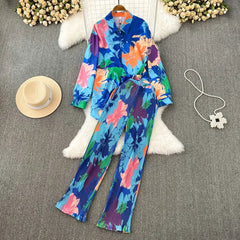 Multicolor Shirt+Pants Pleated Set