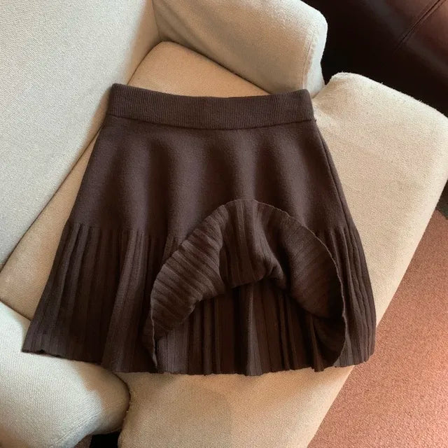 High-Waist Pleated Knit Mini Skirt