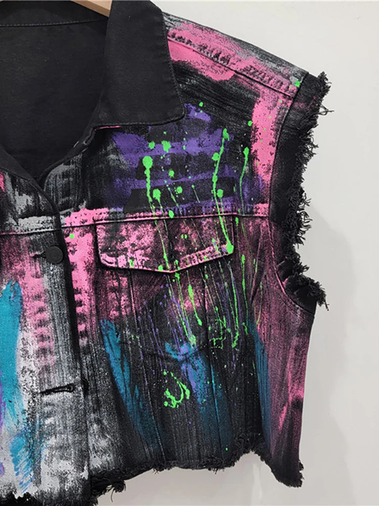 Hand-Painted Graffiti Short Denim Vest