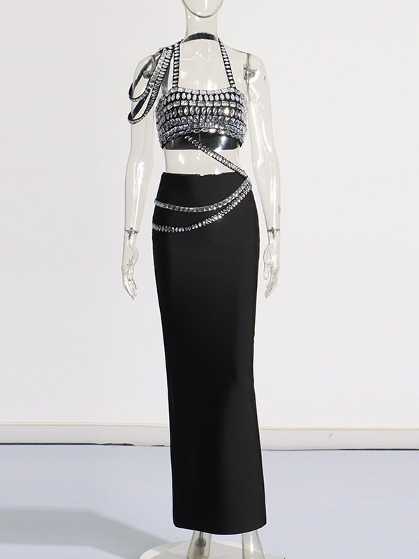 Diamond Encrusted Slanted Shoulder Tube Top +Hip Covering Skirt