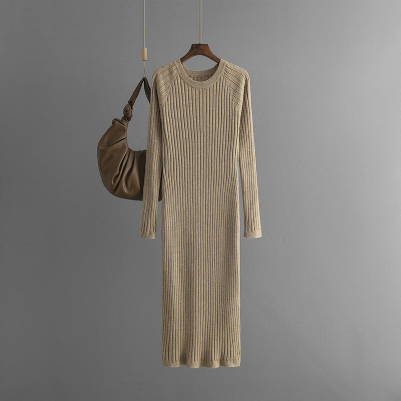 Solid Pleated Round Neck Woolen Knitted Dress