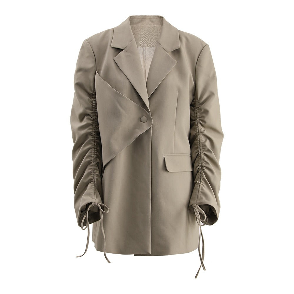 Drawstring Irregular Sleeves Single Button Coat