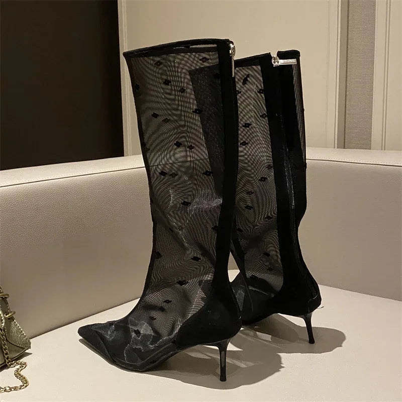 Mesh Knee-High Thin Heels Pointed Toe Boots