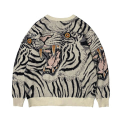 Vintage Tiger Totem V-Neck Knitted Cardigan Sweater