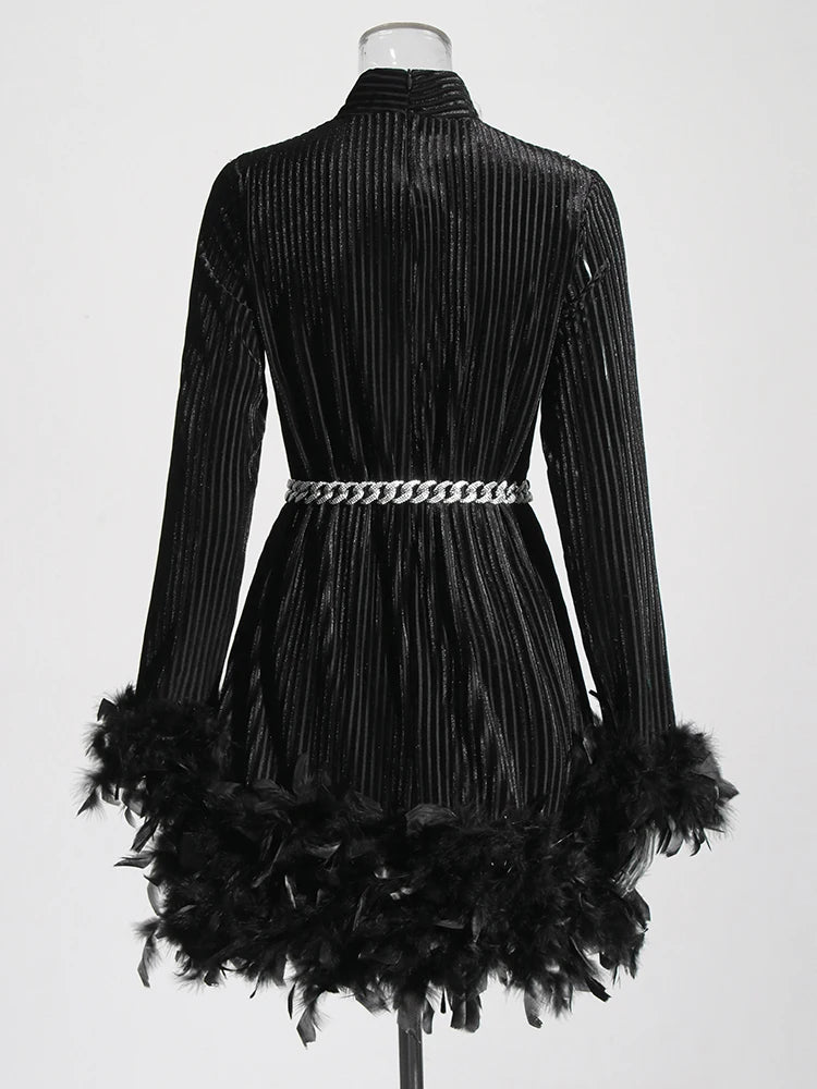 Solid Patchwork Feather Long Sleeve High Waist Dress