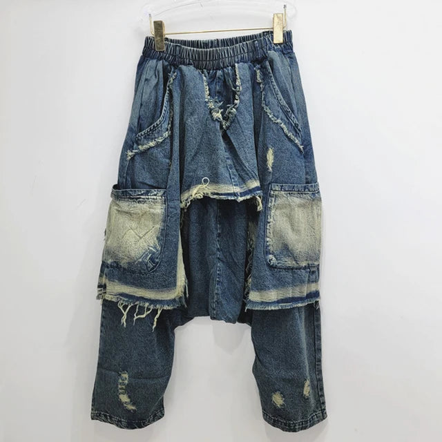 Patchwork High Elastic Waist Loose Denim Pants