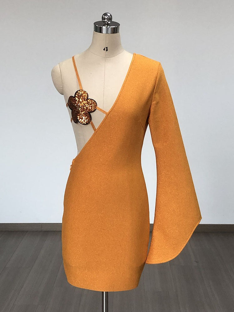 Flower Sequin One Shoulder Flared Long Sleeved Bandage Dress