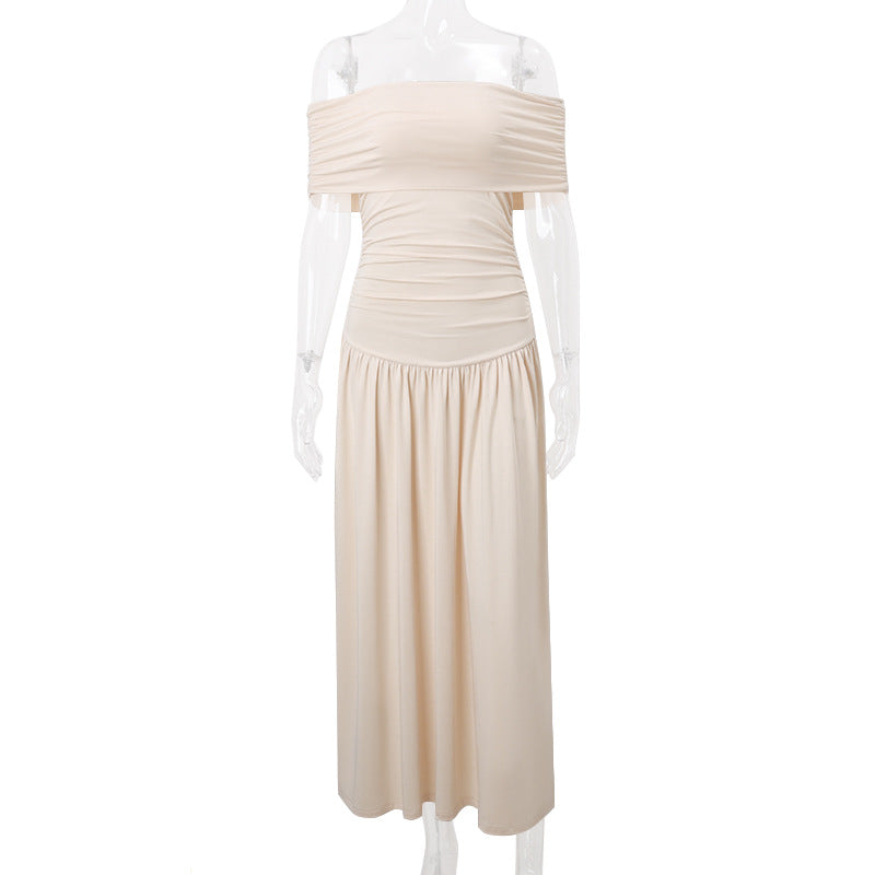 Off Shoulder Slim Fit Pleated Maxi Dress