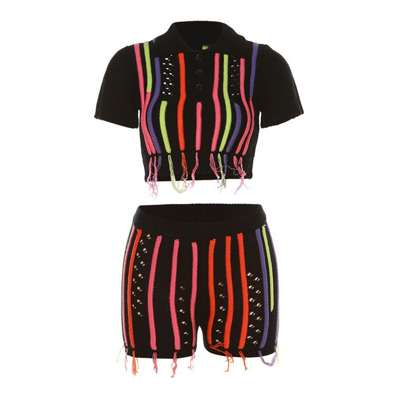 Sweet Knitted Embroidered Tassel Cropped Top + Shorts Set