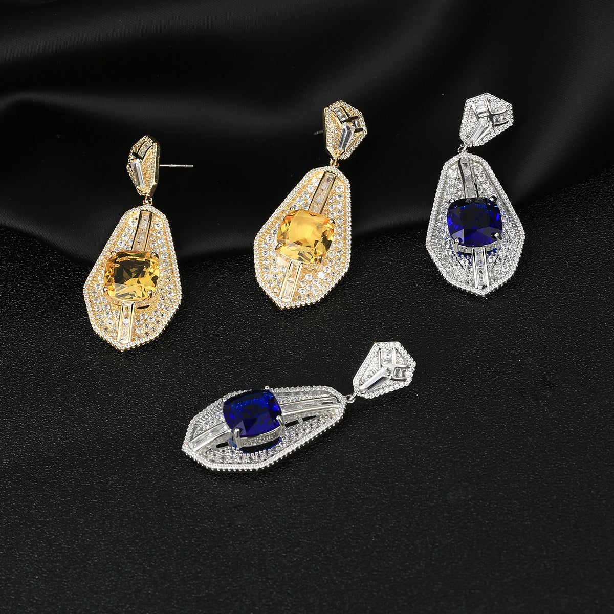 Square Diamond Fan-Shaped Inlaid Zircon Earrings